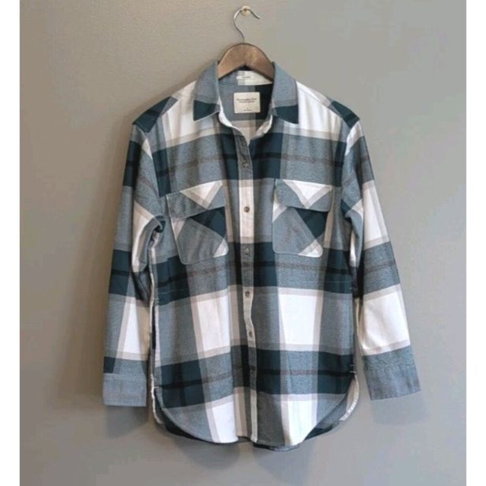 Abercrombie Fitch Women’s Small Oversized Plaid Shirt Jacket Green White Soft AF